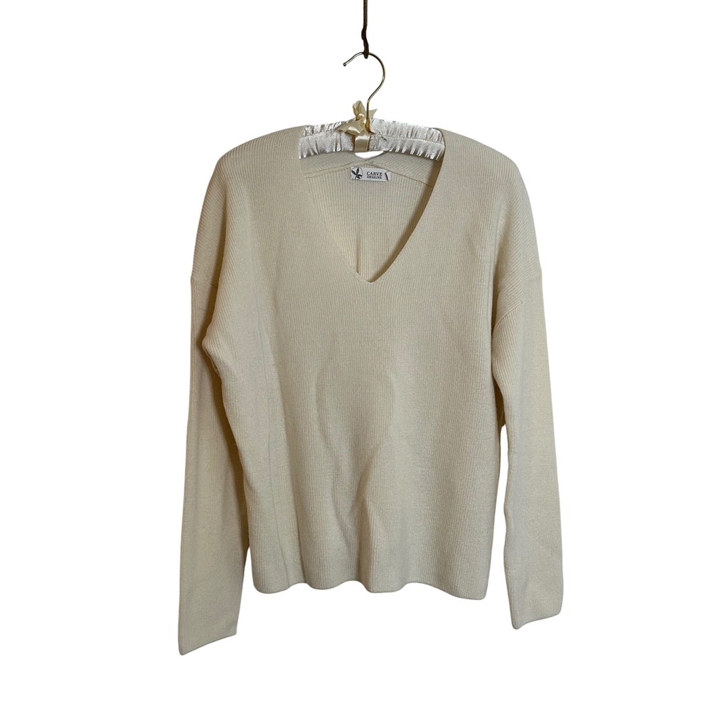 CARVE DESIGNS Wool Blend V Neck Pullover Sweater Size Medium Ivory Boxy Cozy